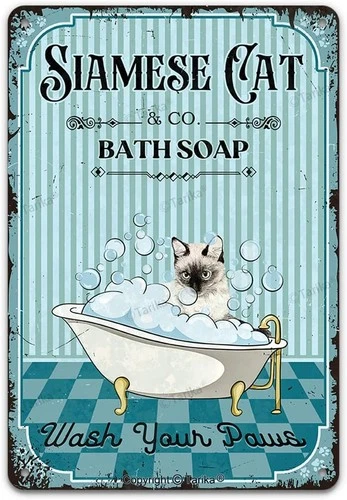 Siamese Cat Co. Bath Soap Wash Your Paws Vintage Tin Metal Signs Home Décor 8x12