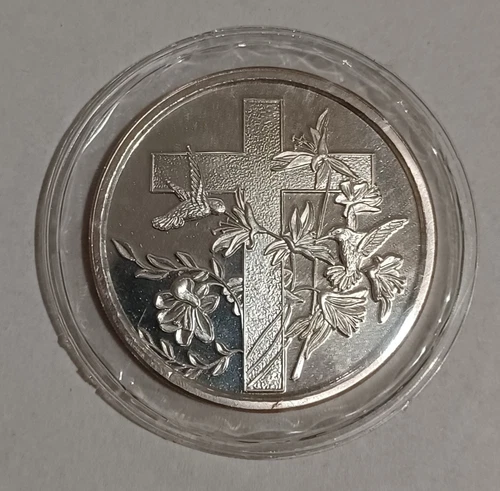 1999 SilverTowne 1oz .999 Fine Silver Round Coin Religious Cross Hummingbirds