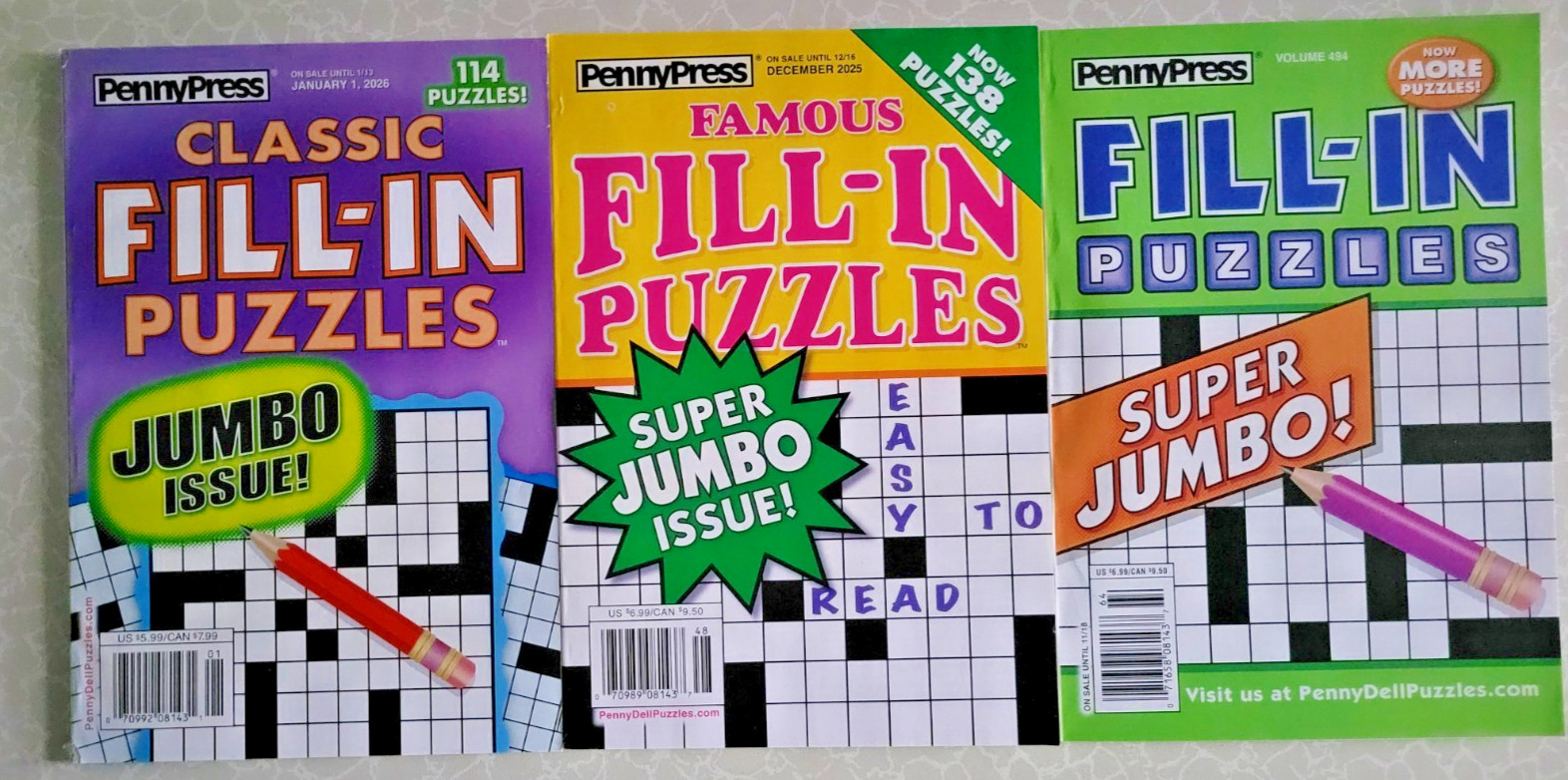Lot of 3 Penny Press Fill-In Puzzle Books - With Classic & Famous - Jumbo Issues