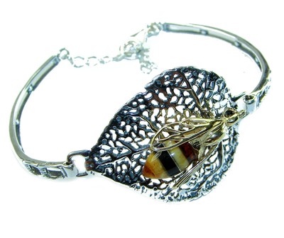 Goldene Biene echter baltischer Bernstein .925 Sterling Silber Handarbeit Armband