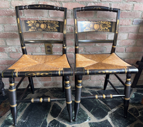L.Hitchcock~2 SIGNED STENCILED BLACK RUSH SEATS SIDE CHAIRS-#1 of 2 pairs