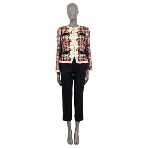 67652 auth GUCCI beige red 2017 SILK-TWILL GROSGRAIN TRIM TWEED Jacket 44 L - Picture 4 of 7