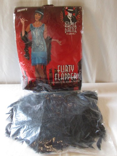 SMIFFY'S FLIRTY FLAPPER DRESS, HEADPIECE WITH FEATHER AND A FEATHER BOA SIZE M .