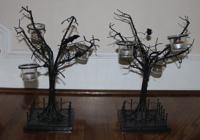 Set of 2 Black Metal Halloween Votive Candle Trees with Bats Spider Webs 15"