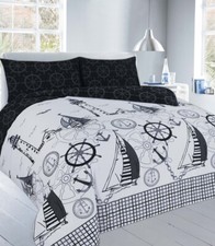 Nautical Seaside Beach Black Printed Duvet Cover and Pillowcase Bedding Set 