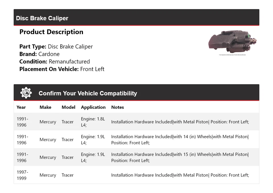 Pinza de freno de disco delantera izquierda Cardone 1992 1993 Mercury Tracer 1991-1999 Foto 2 de 4