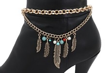 Women Vintage Gold Boot Chain Bracelet Western Shoe Charm Ethnic Jewelry Feather