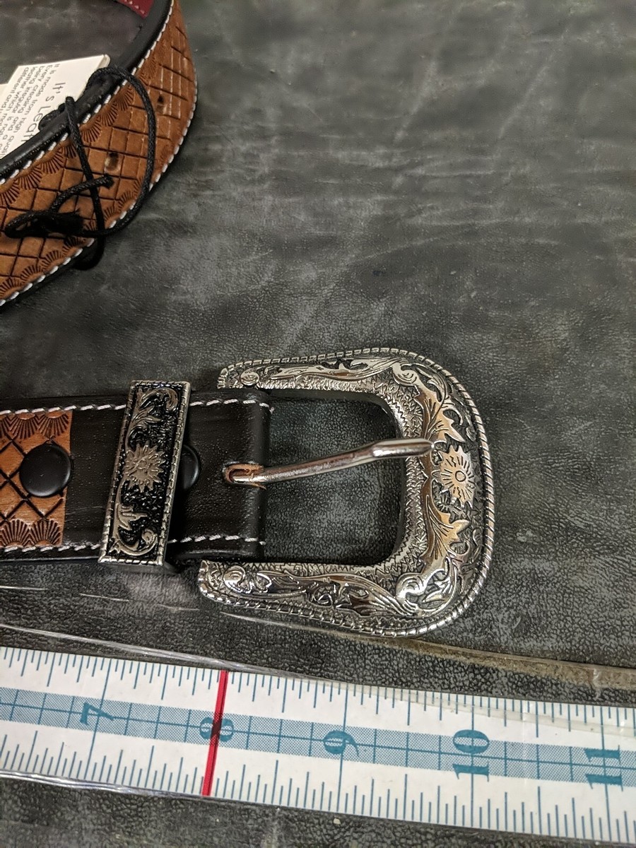 Myra Bag Checkered Brown Hand-Tooled Leather Belt S-4059 28  display picture 1