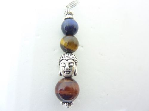Pendentif bouddha argenté et perles œil de tigre, faucon et taureau - Collection Zen 45cm