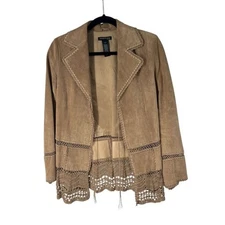 Kenneth Cole Tan Suede‎ Crochet Trim Boho Hippie Jacket 6P Women’s