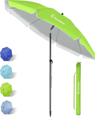 GRANDEKOR Sonnenschirm Balkon Strand Ø200cm UV50+ Grün mit Hülle &Bodenbefestigung