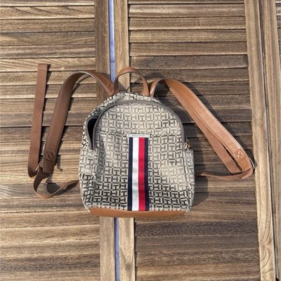 Tommy Hilfiger TH Monogram Mini Backpack Brown Tan Striped Women s Bag