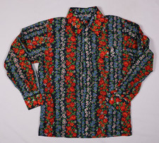 Vintage Skyr Men  s LS Button Down Size L Navy Floral Pattern Shirt Nylon Retro