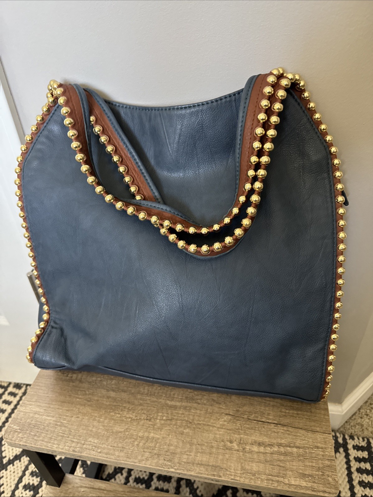 Big Buddha Grayson Navy Blue Vegan Leather Gold Studded Large Tote Shoulder Bag