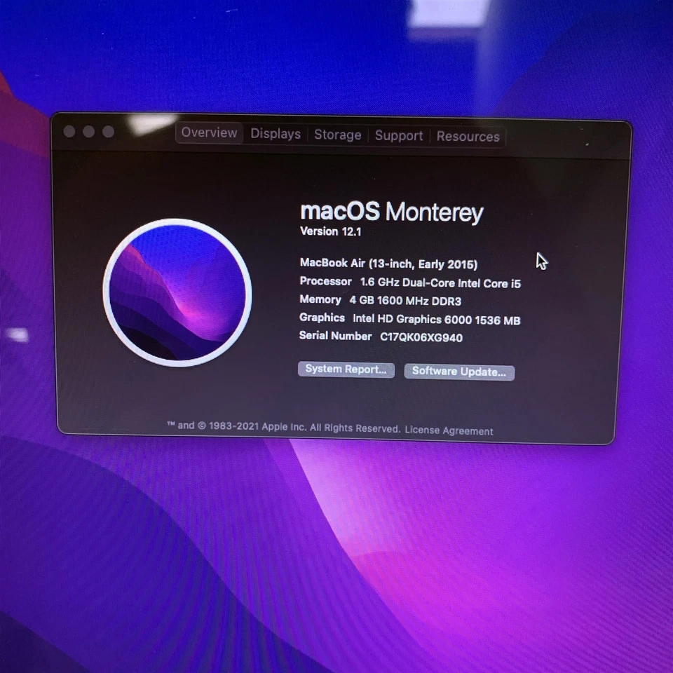 Apple Macbook Air 7,2 A1466 13.3" Intel i5-5250U 1.60 GHz 4GB 128GB SSD Monterey - Image 2 of 4