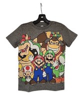 New Nintendo Super Mario Big Print Kids Medium Grey Tee Bowser Toad Kong Yoshi