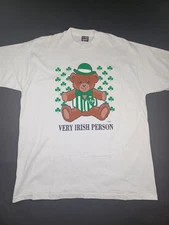 Vtg FOTL " Very Irish Person" Single Stitch T-shirt White Springhill Clover Bear
