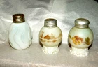 3  Antique Shakers (Victorian Era)  Custard/Milk Glass w/Art Work on 2 Of Them