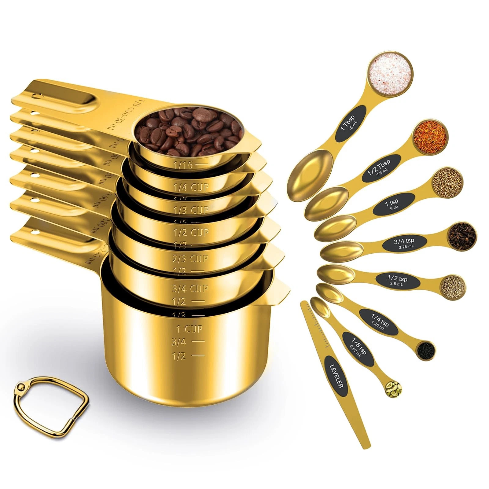 LIFETOWE Gold Measuring Cups & Spoons Set of 15, 18/8 Stainless Steel