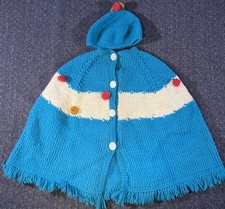 Vintage Children s Poncho/Hat Set Handmade Crochet Blue/white/pink/orange Rare