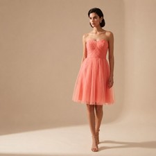Davids Bridal Coral Strapless Bridesmaid Dress F17015 Size 6 Organza Pleated