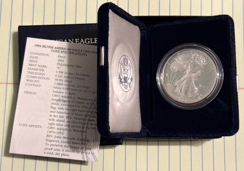 1994-P Proof $1 American Silver Eagle Box, OGP & COA Key Date Coin .999 W/ Box
