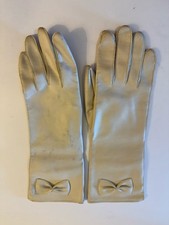 Vintage George Lowes Beige Vinyl Ladies Gloves Freece Lining Bow Detail One Size