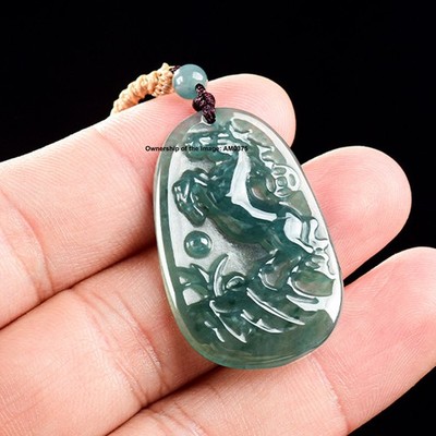 New Natural Grade A Jade Blue Jadeite Horse Oval Pendant Necklace