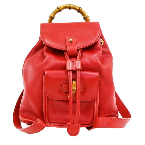 GUCCI Logo Bamboo Drawstring Mini Backpack Bag Leather Red GHW Italy 62KP626