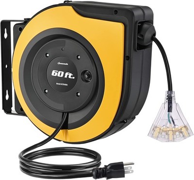 Retractable Cord Reel, 60 FT Heavy Duty Extension Cord, 12AWG/3C SJTOW