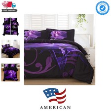 Purple Comforter Set Queen, Reversible Purple Rose Pattern Bedding Comforter ...