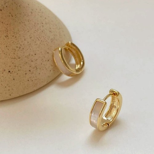 Gold Tone Small Loop Mother‑of‑Pearl Inlay Huggie Hoop Earrings Click Closure