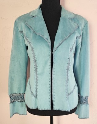 BEVERLY HILLS USA Leather Club Women Faux Suede Jacket Lt Sea Blue Sz S Small