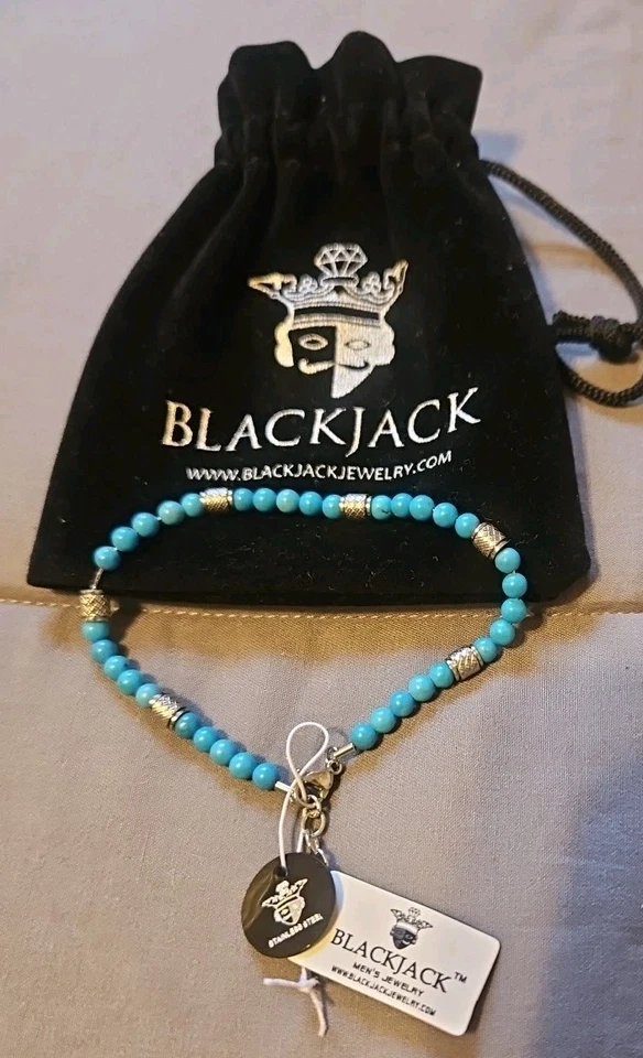 BLACKJACK Men’s Genuine Turquoise Stainless Steel Beaded Bracelet - Image 2 of 3
