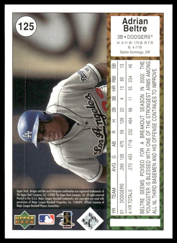 2002 UD Authentics #125 Adrian Beltre Los Angeles Dodgers - Image 2 of 2