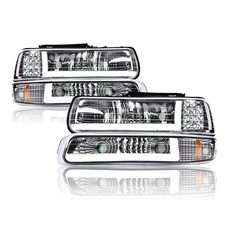 LED Headlights For Chevy Silverado 99-02 Chrome Clear Amber Reflector Pair