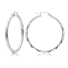 Sterling Silver 2mm Diamond Cut Square-Tube Round Hoop Earrings, 35mm