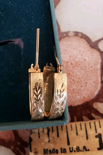 Oblong Oval Diamond Etched 14k Yellow Gold Vintage Huggie Hoop Earrings