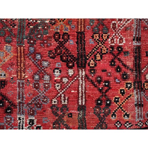 Alfombra de lana anudada a mano roja vintage Zoroastrian Sheeraz 6'6"x9' R1029 - Imagen 8 de 12