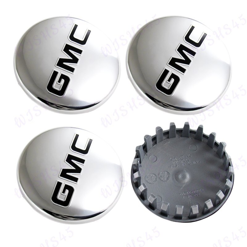 Set Of 4 GMC Wheel Hub Center Caps - 3.25 Inch / 83mm Diameter, Silver, No Tools Needed