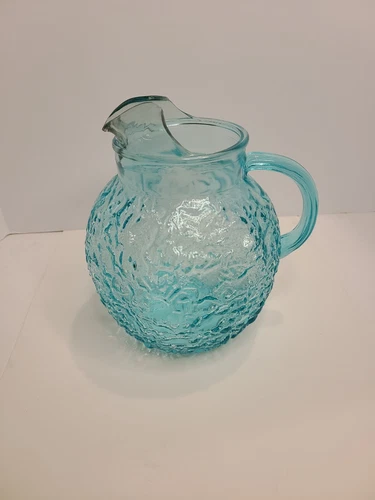 Vintage Anchor Hocking Aqua Turquoise Lido Milano Crinkle Glass Ball Pitcher