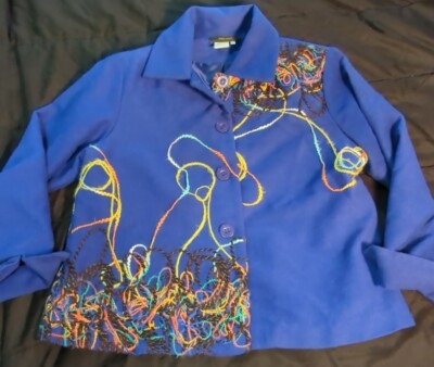 Bala Bala Blue Blazer Jacket Sz  L Poly Wool Colorful Yarn Art Work Lined EUC