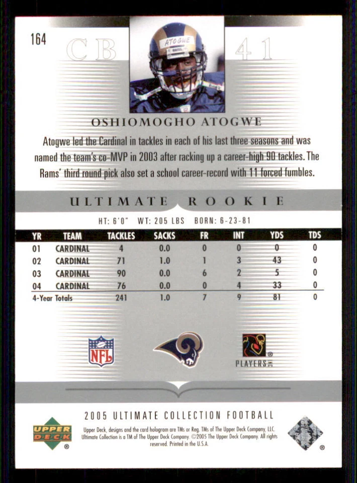 2005 Ultimate Collection Gold Holofoil #164 Oshiomogho Atogwe /40 - Image 2 of 2