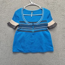 Free People Sweater Tops Womens Medium Blue Short Sleeve 1/4 Zip Wool Blend