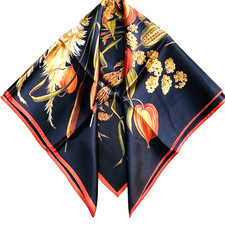 Vintage Silky Satin Scarf 26  Square Black  Autumn Colors Orange Gold 70's Chic