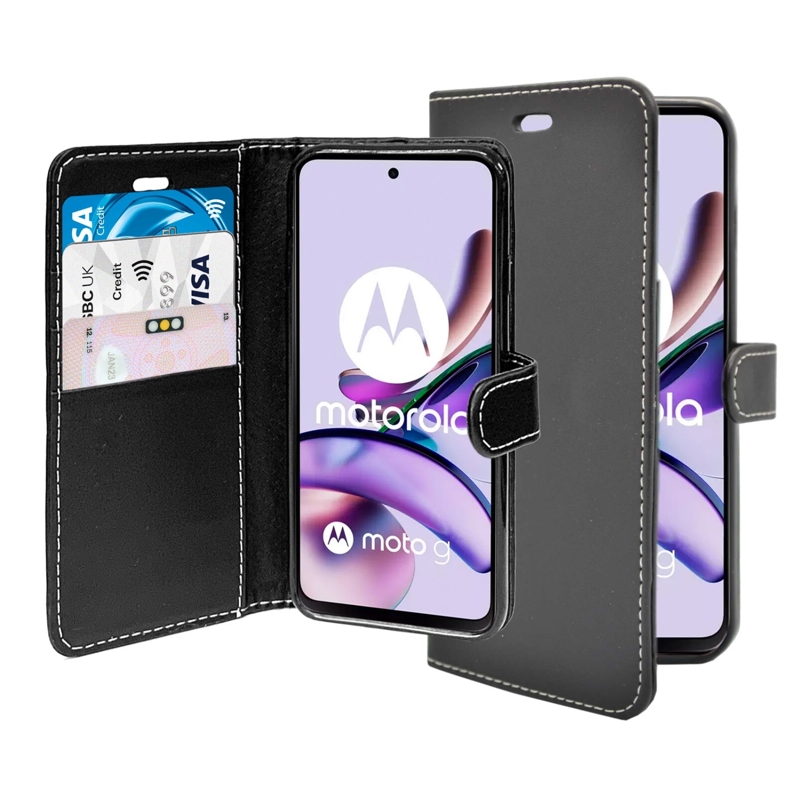 DESSEN Cover Motorola Moto G53 5G In Pelle PU - Custodia A Portafoglio Con Supporto E Slot Porta Carte - Colore Nero - 2
