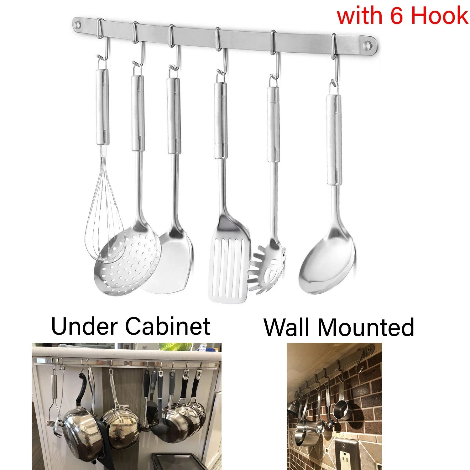 Pot Pan Rail Rack Holder Hanging Wall Mount Under Cabinet Shelf with 6 Hooks