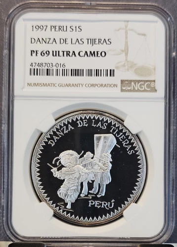 1997 PERU SILVER 1 SOL THE SCISSORS DANCE NGC PF 69 ULTRA CAMEO SCARCE COIN