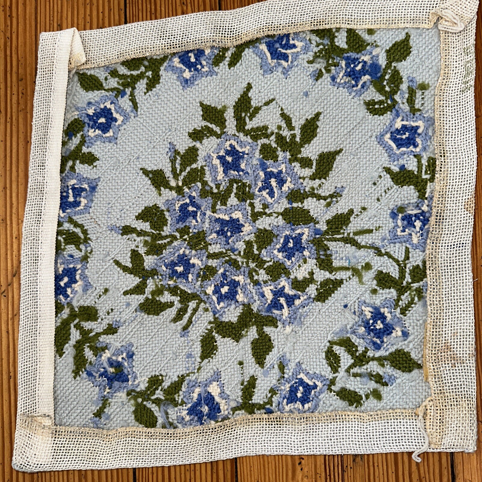 Vintage hand made floral multicolor needlepoint seat cover 14" Square