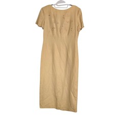 Womens Linen Embroidered Sheath Dress Tan Beige Cottagecore Neutral Sz 12 Retro